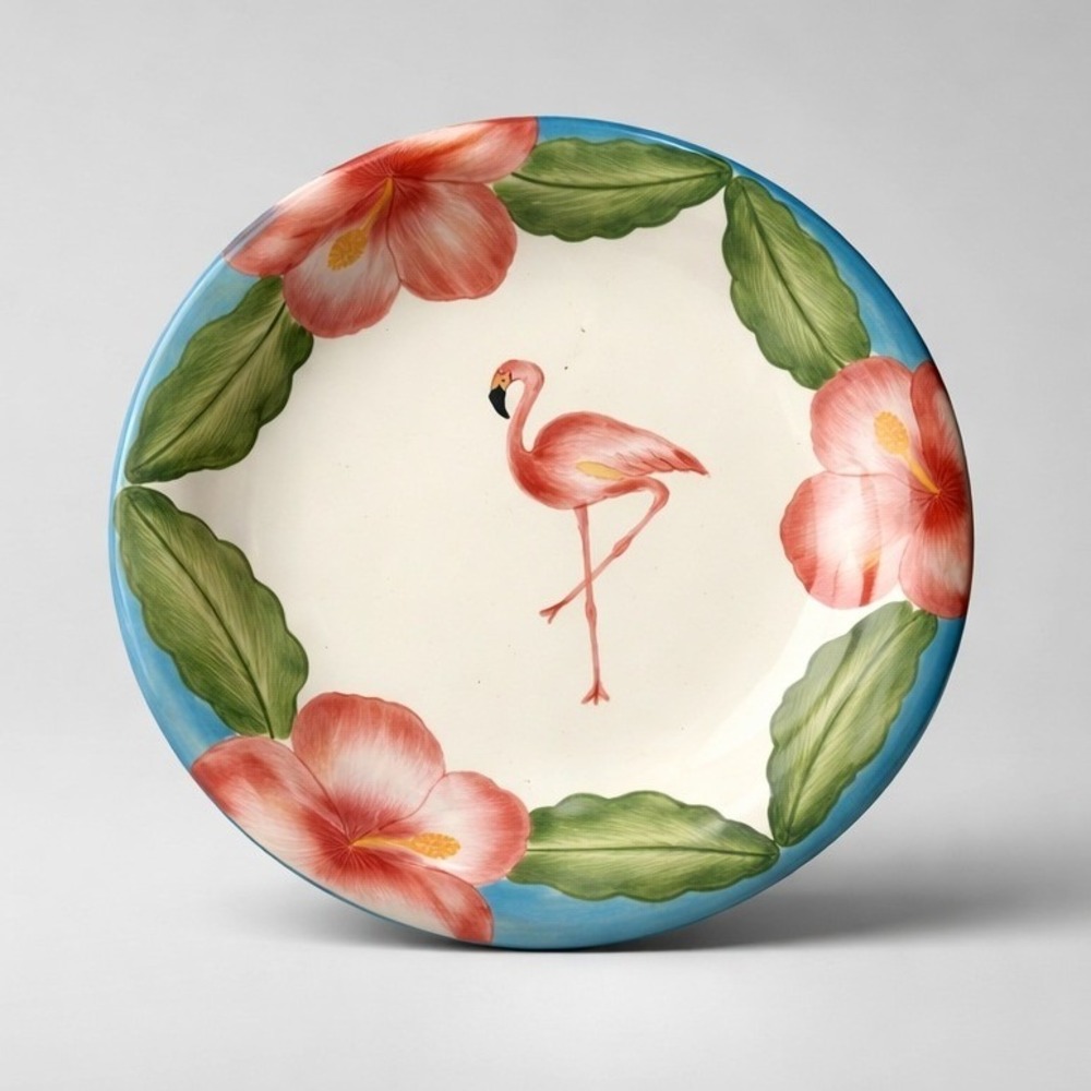 J. Willfred Leslie Sattler South Beach Flamingo Hibiscus Plates Set of 2 8.25" - Picture 2 of 5